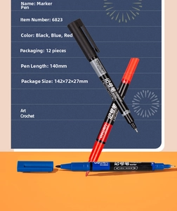 Detail of dual-tip permanent markers in black, red, and blue colors for marking