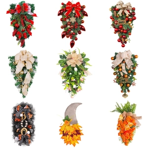 Variety set of 9 festive Christmas and Halloween floral swags with LED lights