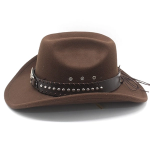 Brown wool felt western cowboy hat with studded leather band and wide curved brim