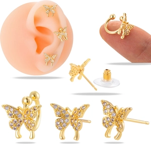 Butterfly Ear Clip And Stud Earrings Set Copper Zircon Micro Pave Fashion Cartilage Piercing Jewelry For Women