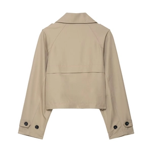 Klassischer kurzer Doppelreiher Trenchcoat für Damen in Khaki, Rückansicht mit Raglanärmeln