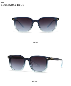 Front and 45-degree side view of blue-gray gradient square sunglasses with gold metal trim