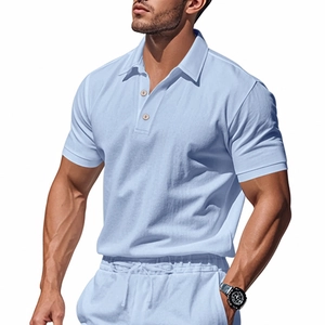 Detailed texture of light blue linen polo shirt fabric with two-button collar and drawstring