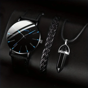 Three-piece men's business set with black leather strap quartz watch, bracelet and necklace
