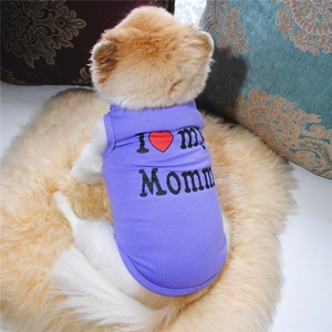 Detail of purple dog vest with I Love My Mommy print on soft knitted fabric