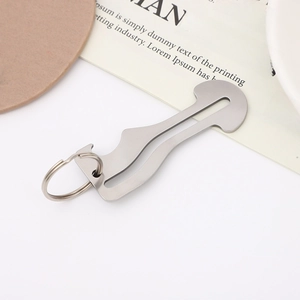 Close-up of silver stainless steel shopping cart token keychain with key ring detail