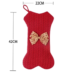 Knitted red bone-shaped Christmas stocking with brown polka dot bow, 42x22cm large size