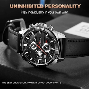 Detail of waterproof quartz watch with black dial and silver metal case on leather strap