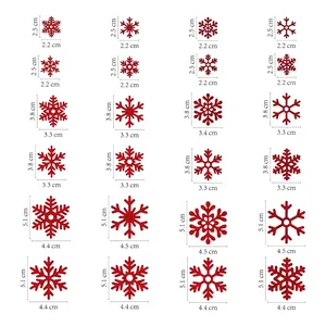 Size chart showing red snowflake stickers in three dimensions: 2.5cm, 3.8cm, and 5.1cm heights