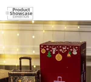 Retro luggage Christmas lantern with LED snow globe effect and red festive gift box