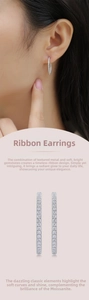 Detailed view of S925 silver ribbon moissanite hoop earrings worn by a model
