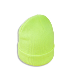 Close-up detail of fluorescent yellow knitted beanie with cuffed edge and ribbed texture