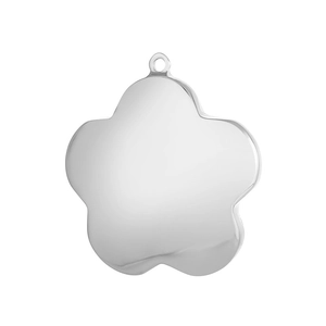 Close-up of polished silver stainless steel flower pendant with glossy finish