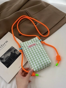 Korean style green checkered mini crossbody phone bag with orange rope shoulder strap