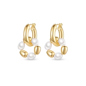 Baroque freshwater pearl hoop earrings with irregular gold beads on white background