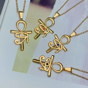 Gold stainless steel Eye of Horus Ankh necklaces with colorful zircon pendants set