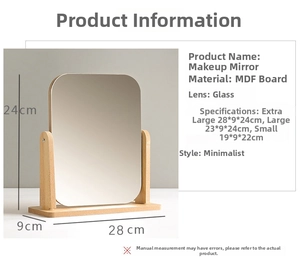 Detailed dimensions of rectangular wooden makeup mirror with rotating swivel stand