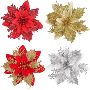 Artificial 14cm Christmas Poinsettia flowers with gold powder in red gold and silver colors