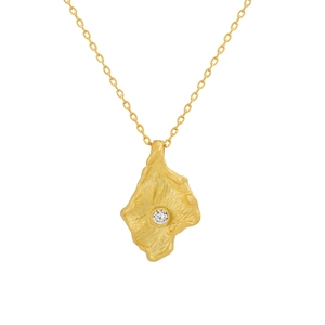 Irregular textured gold S925 silver necklace with a leaf pendant and round zircon stone