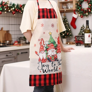 Christmas burlap gnome apron with red black plaid trim and festive kitchen decor