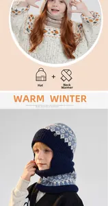 Close-up of children's thick knitted winter hat and neck warmer with snowflake pattern