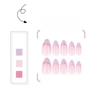 Détail de 10 faux ongles amande avec dégradé rose-violet et pointes scintillantes