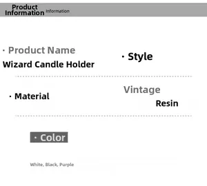Detailed specs for Nordic resin wizard candle holder available in white, black and purple