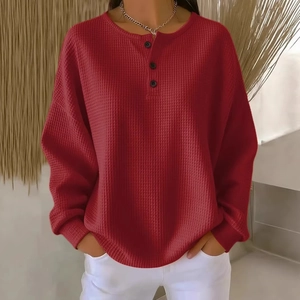 Waffle Knit Henley Shirt Women Long Sleeve Crew Neck Pullover Solid Color Loose Fit Casual Top