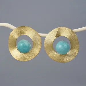 Minimalist 925 Sterling Silver Geometric Round Stud Earrings For Women Gold Silver Plated Natural Amazonite Lapis Stone Jewelry