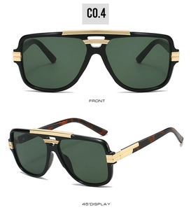 Front and side view of square sunglasses with dark lenses and gold metal accents