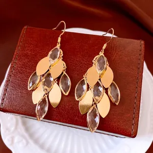 Vintage Gold Plated Copper Leaf Dangle Earrings With Marquise Glass Bohemian Elegant Jewelry For Women