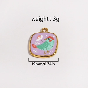 Pendentif oiseau coloré en émail avec cadre en or 18K, bijou carré de 19 mm