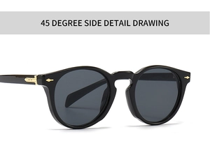 Detailed 45-degree side view of black vintage sunglasses with golden arrow rivets