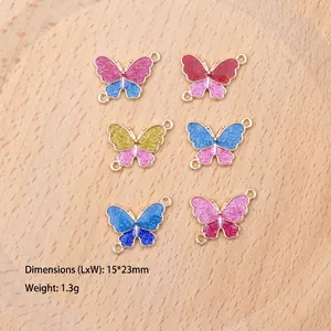 Colorful butterfly alloy glitter pendants with double loops for DIY jewelry making