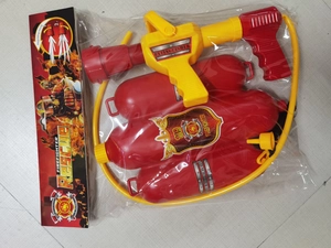 Close-up of kids firefighter water gun toy set with backpack tank and color gift box