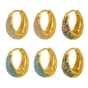Gold-plated hoop earrings featuring turquoise beads and colorful cubic zirconia pavé