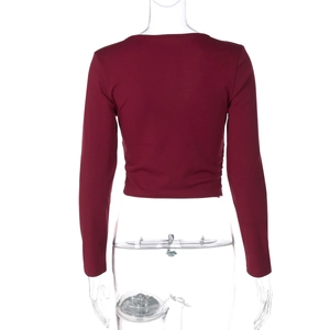 Vue arrière du crop top bordeaux à manches longues avec empiècements en tulle transparent