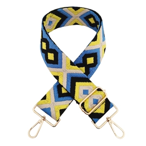 Detail of adjustable 5cm geometric jacquard purse strap with gold metal hooks