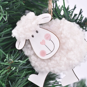 Cute white wool felt sheep hanging ornament with wooden base for Easter decoration
