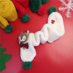 Kids plush white Christmas scarf with cute reindeer doll, green pom-poms and bells