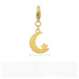Detailed view of gold celestial moon and star charm with lobster clasp, 17x11mm dimensions