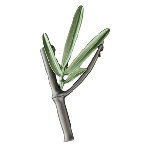 Elegant bamboo branch brooch with green enamel leaves and dark brown metal stem