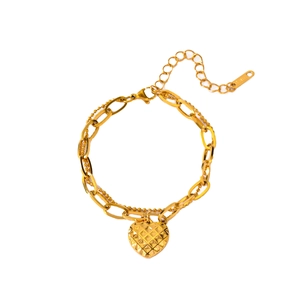 Golden double-layer stainless steel bracelet with a quilted heart pendant on white background
