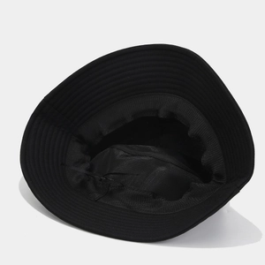 Black cotton bucket hat featuring breathable mesh lining and dinosaur embroidery detail
