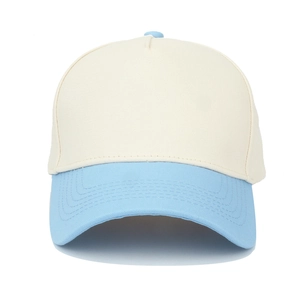 Two-tone baseball cap in cream and light blue cotton twill with reinforced brim stitching