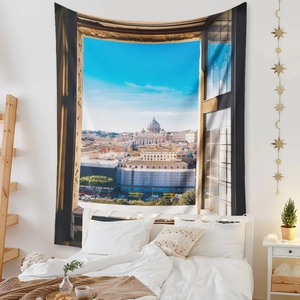 Detailed view of bohemian wall tapestry featuring Rome city view and St. Peter's Basilica