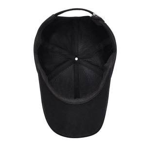 Breathable black cotton baseball cap with mesh lining and adjustable metal buckle