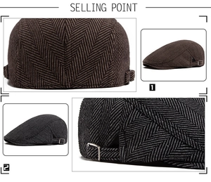 Detail of herringbone wool cap showing fabric texture and adjustable metal side buckles
