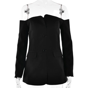 Elegant black off-shoulder blazer dress with long sleeves and double button closure