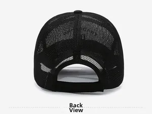 Rear view of black breathable mesh trucker hat with adjustable strap closure system